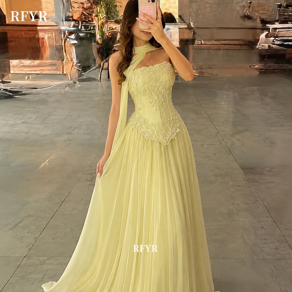 Embroidery Yellow Dress - RFYR Gelbes Abendkleid mit Spitzenapplikation, A-Linien-Partykleid